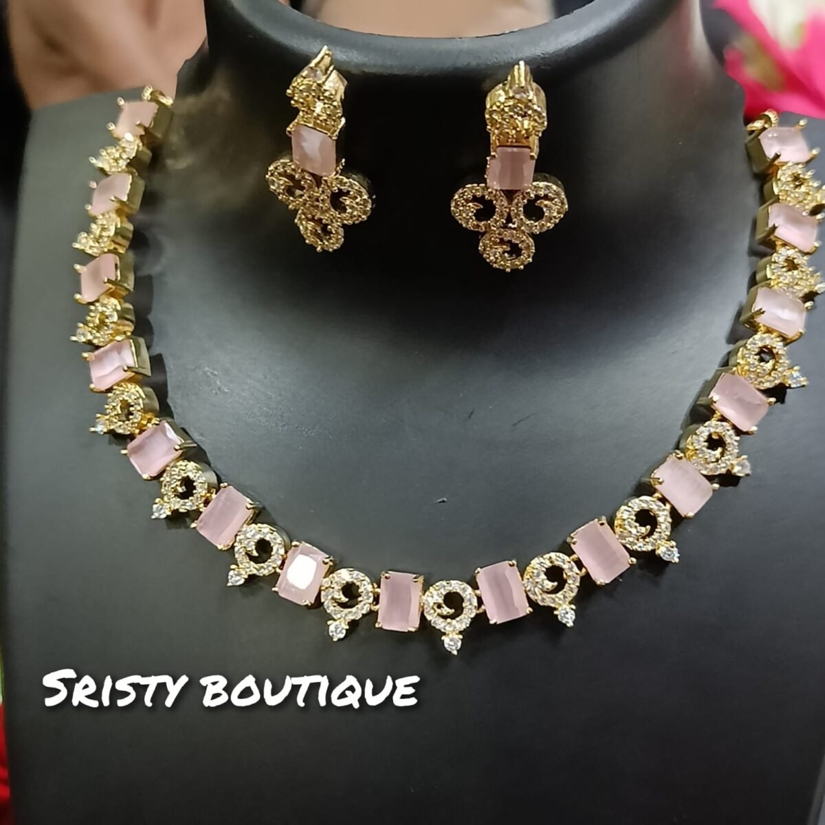 Elegant Pink Stone Gold-Plated Choker Necklace Set with Earrings by Sristy Boutique