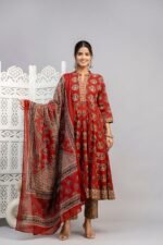 Maroon Cotton Frock-Style Kurti Dupatta Pant Set | Traditional Ajrakh Print Suit - Sristy Boutique