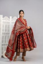 Maroon Cotton Frock-Style Kurti Dupatta Pant Set | Traditional Ajrakh Print Suit - Sristy Boutique