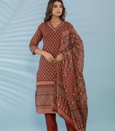 Rust Red Straight-Cut Cotton Kurti Pant Dupatta Set | Ethnic Buti Print Suit – Sristy Boutique Exclusive