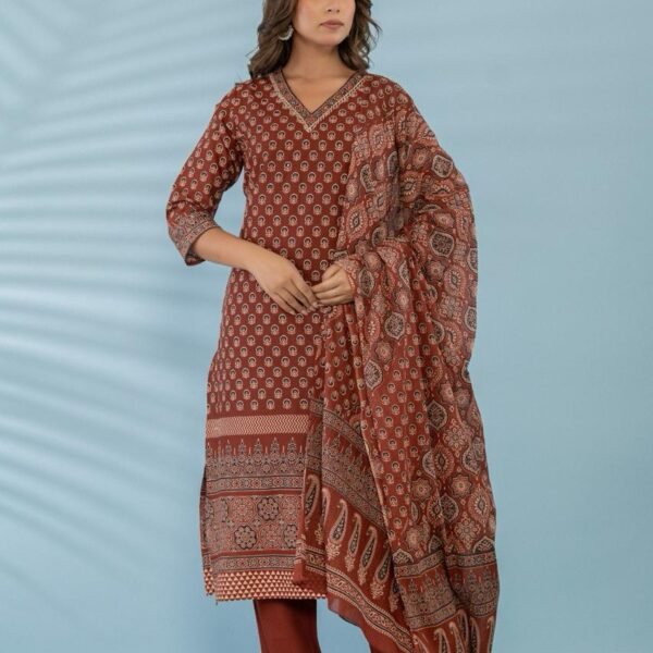 Rust Red Straight-Cut Cotton Kurti Pant Dupatta Set | Ethnic Buti Print Suit – Sristy Boutique Exclusive