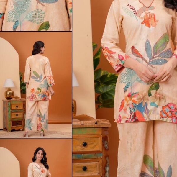 Beige Nature-Inspired Coord Set with Floral & Bird Print – Cotton V-Neck Kurta & Wide Pants by Sristy Boutique