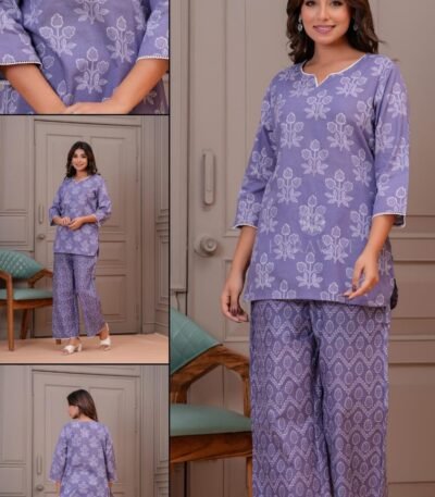 Lavender Cotton Coord Set for Women – Floral Printed Top with Geometric Palazzo Pants by Sristy Boutique