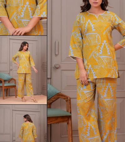 Women Mustard Yellow & Sky Blue Abstract Printed Cotton Coord Set