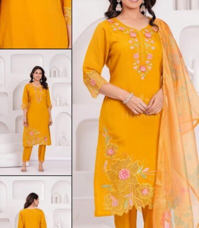 Mustard Yellow Embroidered Russian SilkKurti Pant Dupatta Set for Women | Sristy Boutique Ethnic Collection