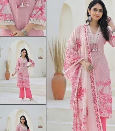 Pink Linen Kurti Pant Dupatta Set for Women | Elegant Summer Ethnic Wear by Sristy Boutique