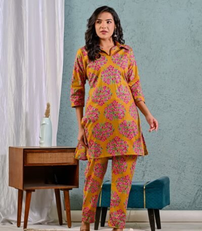 Mustard Yellow Floral Printed Cotton Co-Ord Set for Women | Casual & Festive Wear