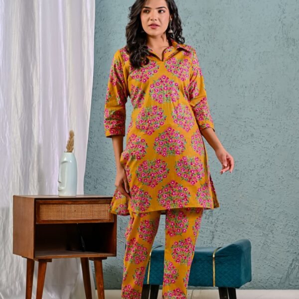Mustard Yellow Floral Printed Cotton Co-Ord Set for Women | Casual & Festive Wear