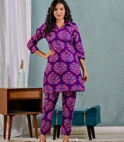 Royal Purple Floral Cotton Co-Ord Set for Women | Elegant Summer Collection | Festive & Casual Wear