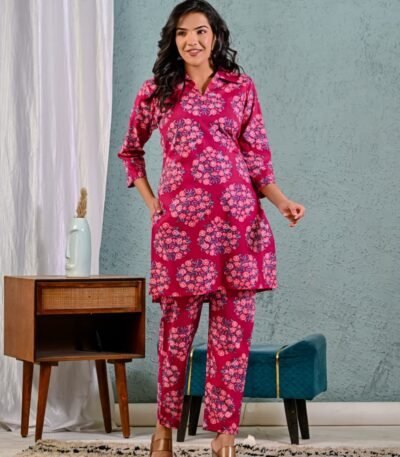 Sristyboutique Vibrant Pink Floral Cotton Co-Ord Set for Women | Fresh Summer Fashion 2025