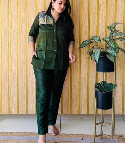 Sristyboutique Dark Bottle Green Silk Blend Co-Ord Set with Artistic Patchwork | Elegant Festive Wear 2025