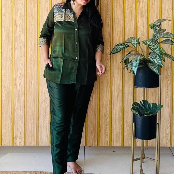 Sristyboutique Dark Bottle Green Silk Blend Co-Ord Set with Artistic Patchwork | Elegant Festive Wear 2025