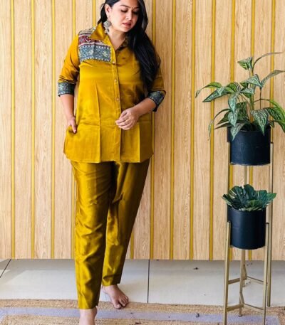 Sristyboutique Mustard Yellow Silk Blend Co-Ord Set with Patchwork Detail | Elegant Festive Wear for Women 2025