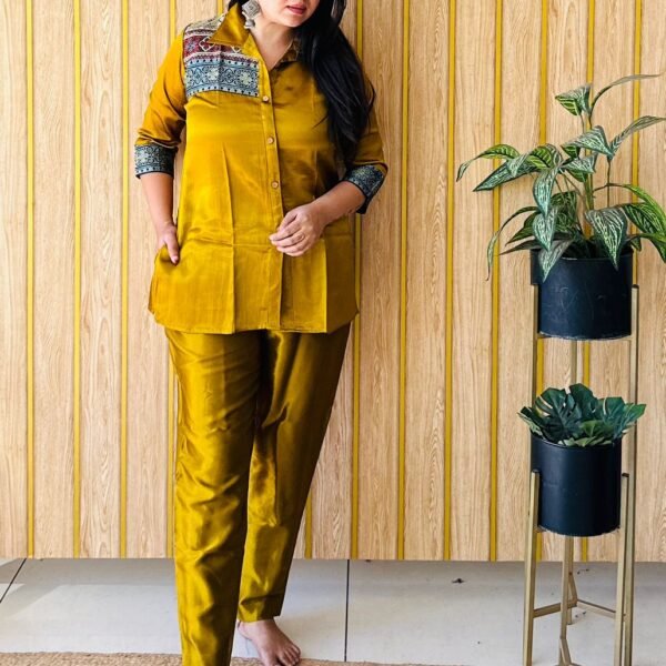 Sristyboutique Mustard Yellow Silk Blend Co-Ord Set with Patchwork Detail | Elegant Festive Wear for Women 2025