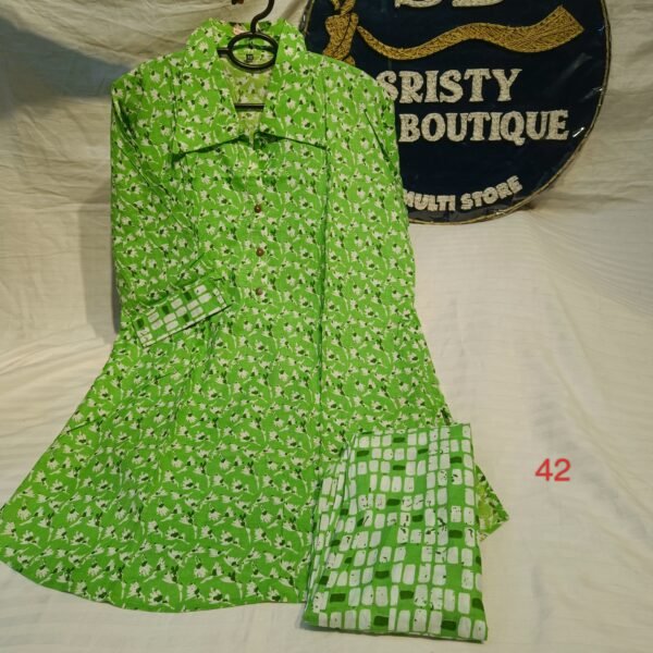 Trendy Green Printed Coord Set for Women – Stylish Cotton Two-Piece Suit | Size 42