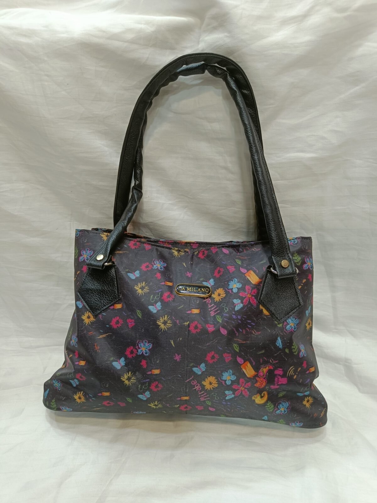 Women's Black Printed Shoulder Bag | Fun Floral & Doodle Tote | Lightweight Stylish Handbag | DAMLI Collection