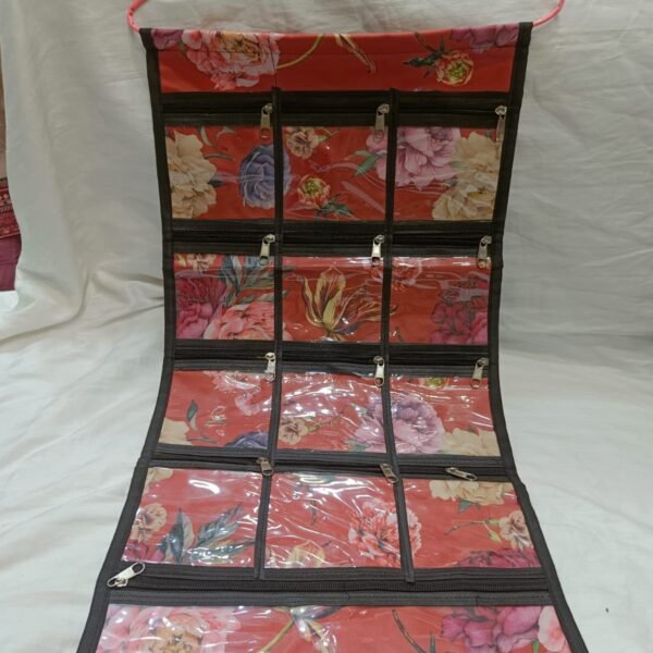 Multipurpose 13-Pocket Hanging Jewellery Organizer | Waterproof Travel and Home Storage Bag | Tropical Leaf Print