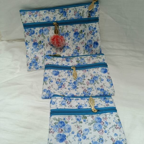 Blue Floral Jewellery Organizer Pouch Set of 3 – Multi-Size Travel Storage Bags | SristyBoutique