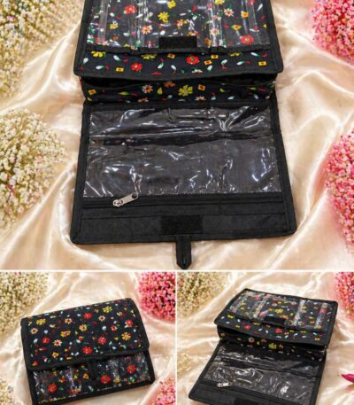 Floral Foldable Jewellery & Makeup Organizer Pouch with Transparent Pockets – Travel-Friendly Design