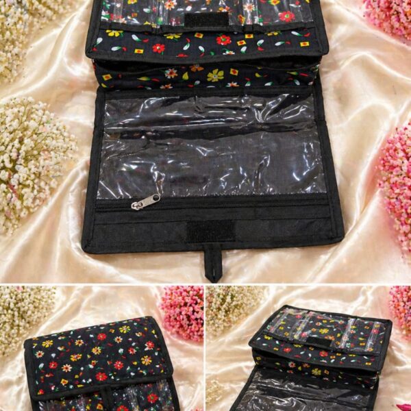 Floral Foldable Jewellery & Makeup Organizer Pouch with Transparent Pockets – Travel-Friendly Design