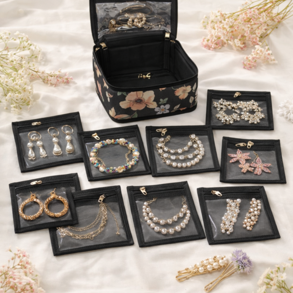 Detachable Jewellery Organizer Box with 10 Removable Pouches for Earrings, Rings & Accessories