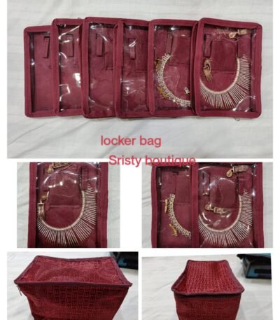 Multipurpose maroon jewellery locker bag with 6 transparent pouches showing necklace storage – Sristy Boutique