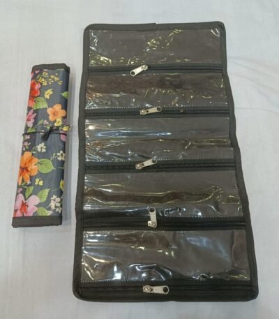 Floral foldable organiser with 5 transparent zipper compartments – ideal for makeup, chains, watches, payals – Sristy Boutique