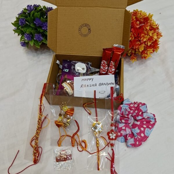 All-in-One Rakhi Combo Gift Box with Rakhis, Chocolates & Gifts – Bhai Bhabhi Kids Raksha Bandhan Set by Sristy Boutique