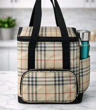 Extra Large Waterproof Tiffin Bag for Office Women Beige Classic Check with Front Zip Pocket – Sristy Boutique