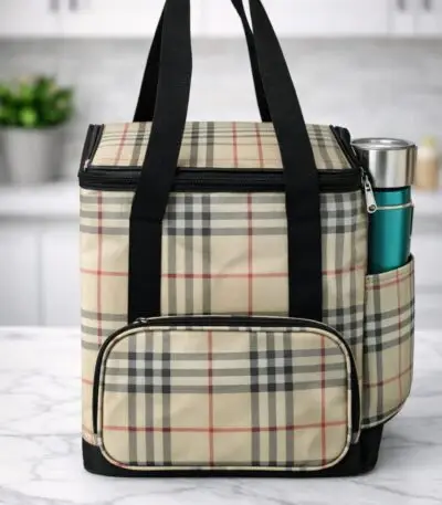 Extra Large Waterproof Tiffin Bag for Office Women Beige Classic Check with Front Zip Pocket – Sristy Boutique