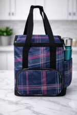 Extra Large Waterproof Tiffin Bag for Office Women Navy Pink Check with Front Pocket – Sristy Boutique