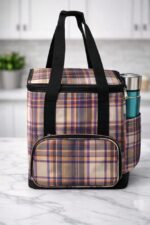 Extra Large Waterproof Tiffin Bag for Office Women Purple Beige Check with Bottle Holder – Sristy Boutique
