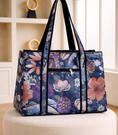 Large Floral Tote Bag Navy Pink Print 4 Zip Compartments for College Office Women – Sristy Boutique