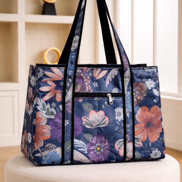 Large Floral Tote Bag Navy Pink Print 4 Zip Compartments for College Office Women – Sristy Boutique