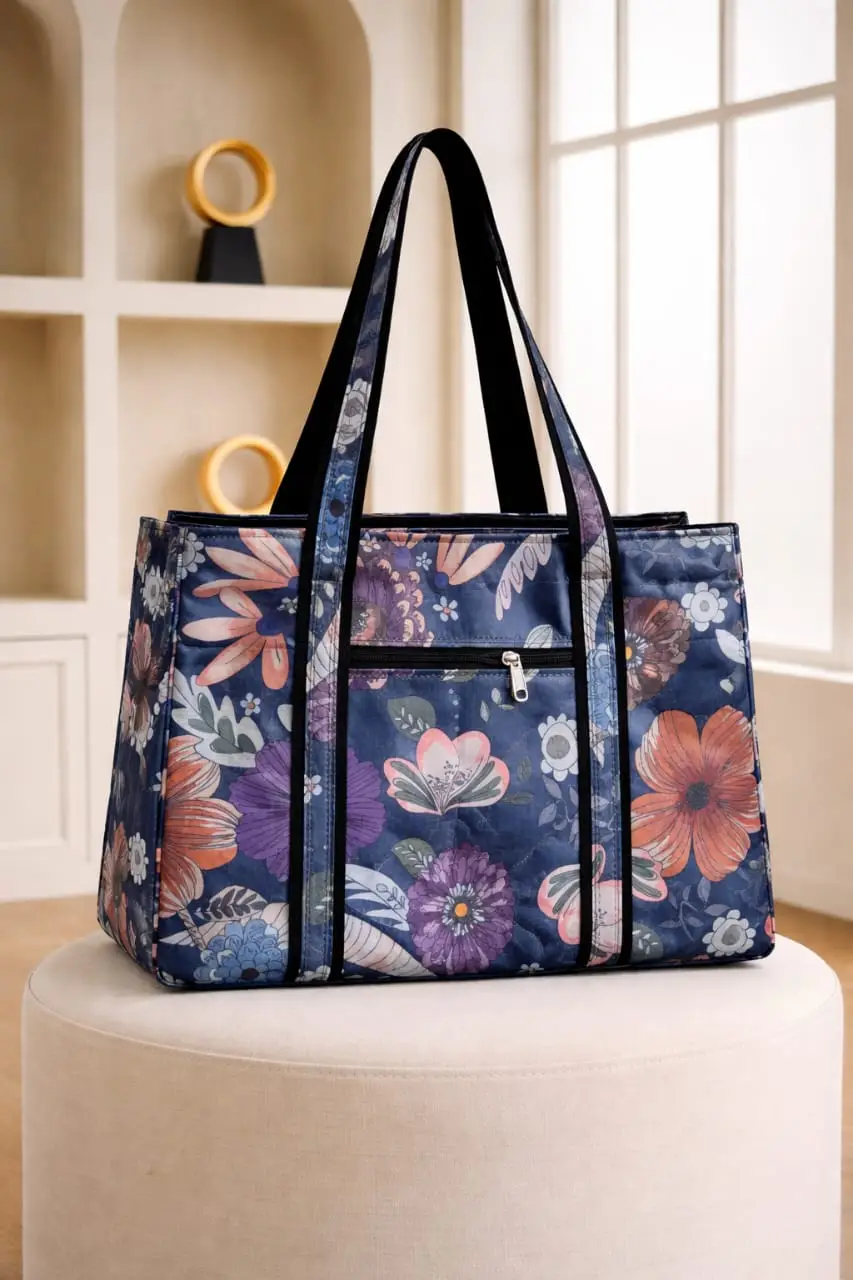 monika-tote-bag-navy-multi-floral-front-sristy-boutique.jpg Large Floral Tote Bag Navy Pink Print 4 Zip Compartments for College Office Women – Sristy Boutique
