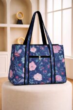 Large Floral Tote Bag Navy Pink Print 4 Zip Compartments for College Office Women – Sristy Boutique