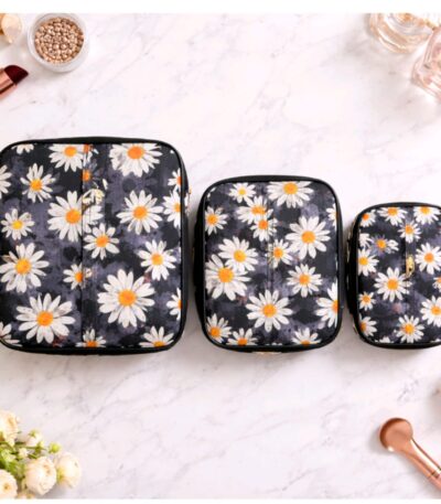 Black Daisy Print Waterproof Makeup Vanity Bag Set of 3 Sizes – Sristy Boutique