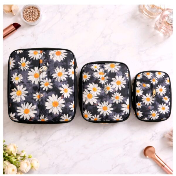 Black Daisy Print Waterproof Makeup Vanity Bag Set of 3 Sizes – Sristy Boutique