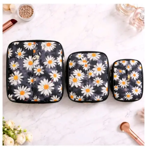 Black Daisy Print Waterproof Makeup Vanity Bag Set of 3 Sizes – Sristy Boutique