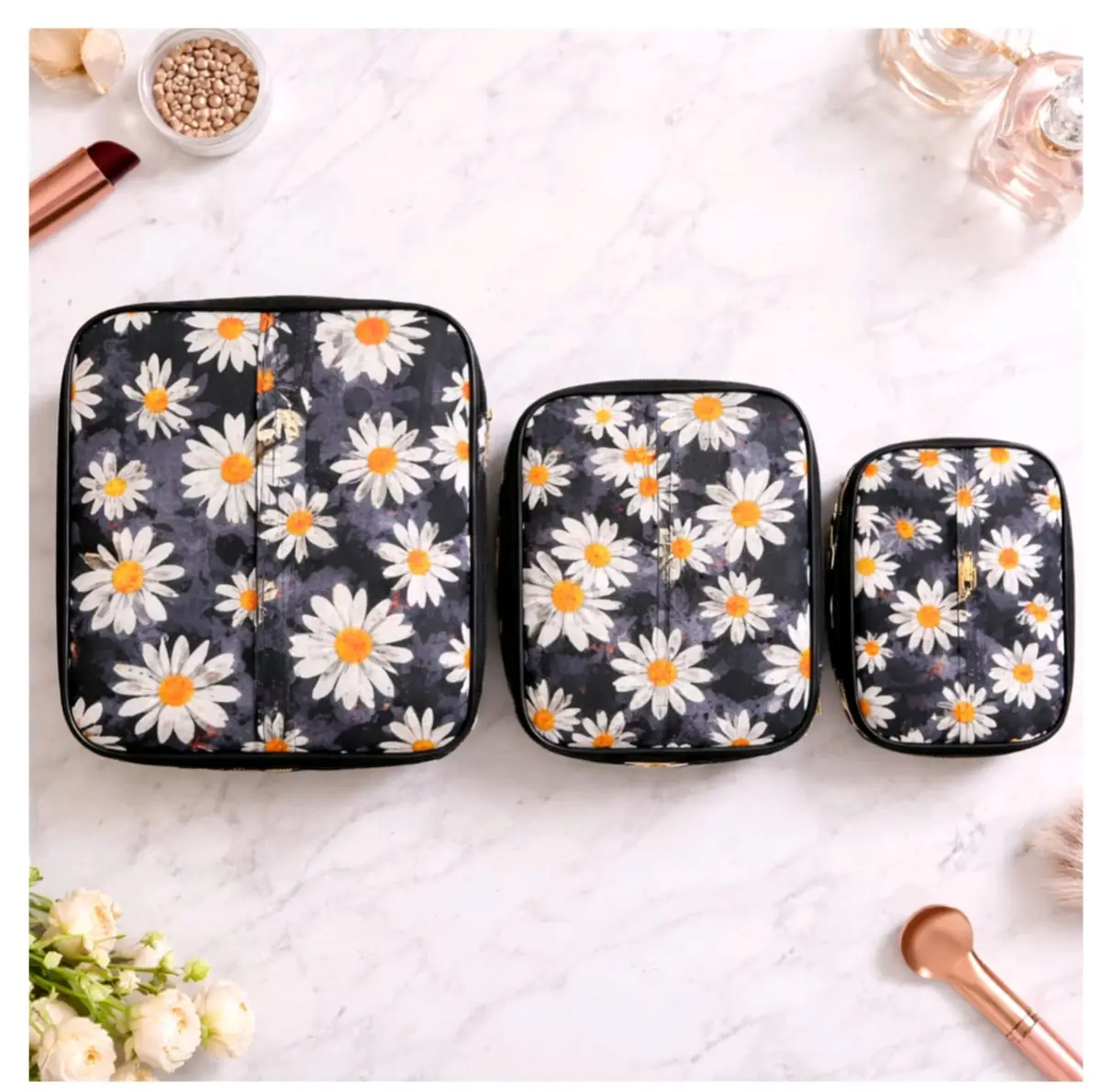 vanity-bag-set-3-black-daisy-print-all-sizes-sristy-boutique.jpg Black Daisy Print Waterproof Makeup Vanity Bag Set of 3 Sizes – Sristy Boutique
