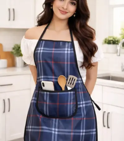 Waterproof Kitchen Apron for Women Navy Blue Check Print with Front Pocket – Sristy Boutique
